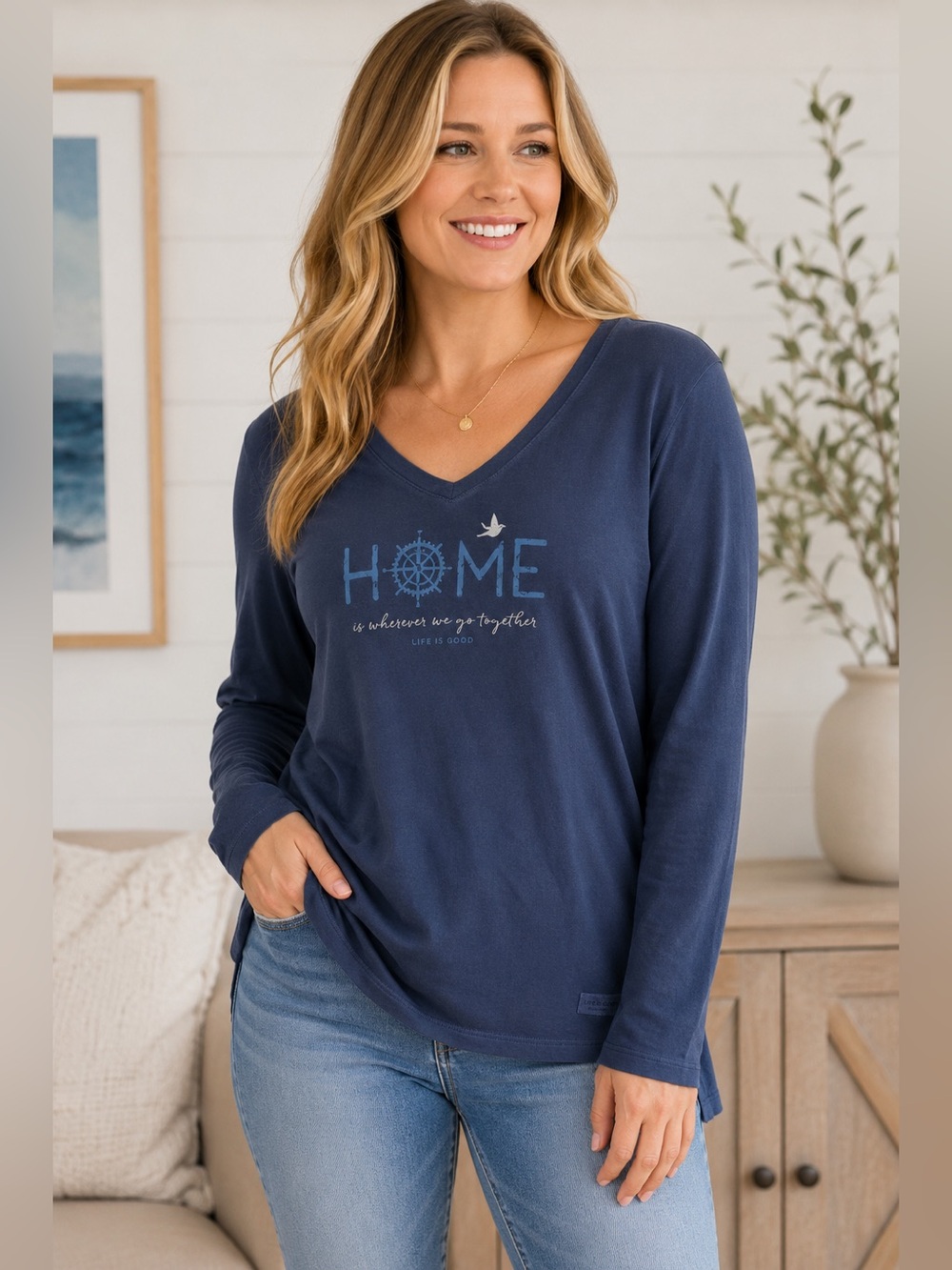 Life is Good Crusher Tee Home Is Wherever We Go Together Long Sleeve VNeck LARGE